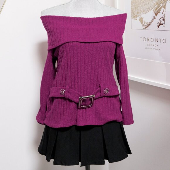 Fuchsia Belted Off the Shoulder Sweater 🍇 FRANK LYMAN - Picture 1 of 8